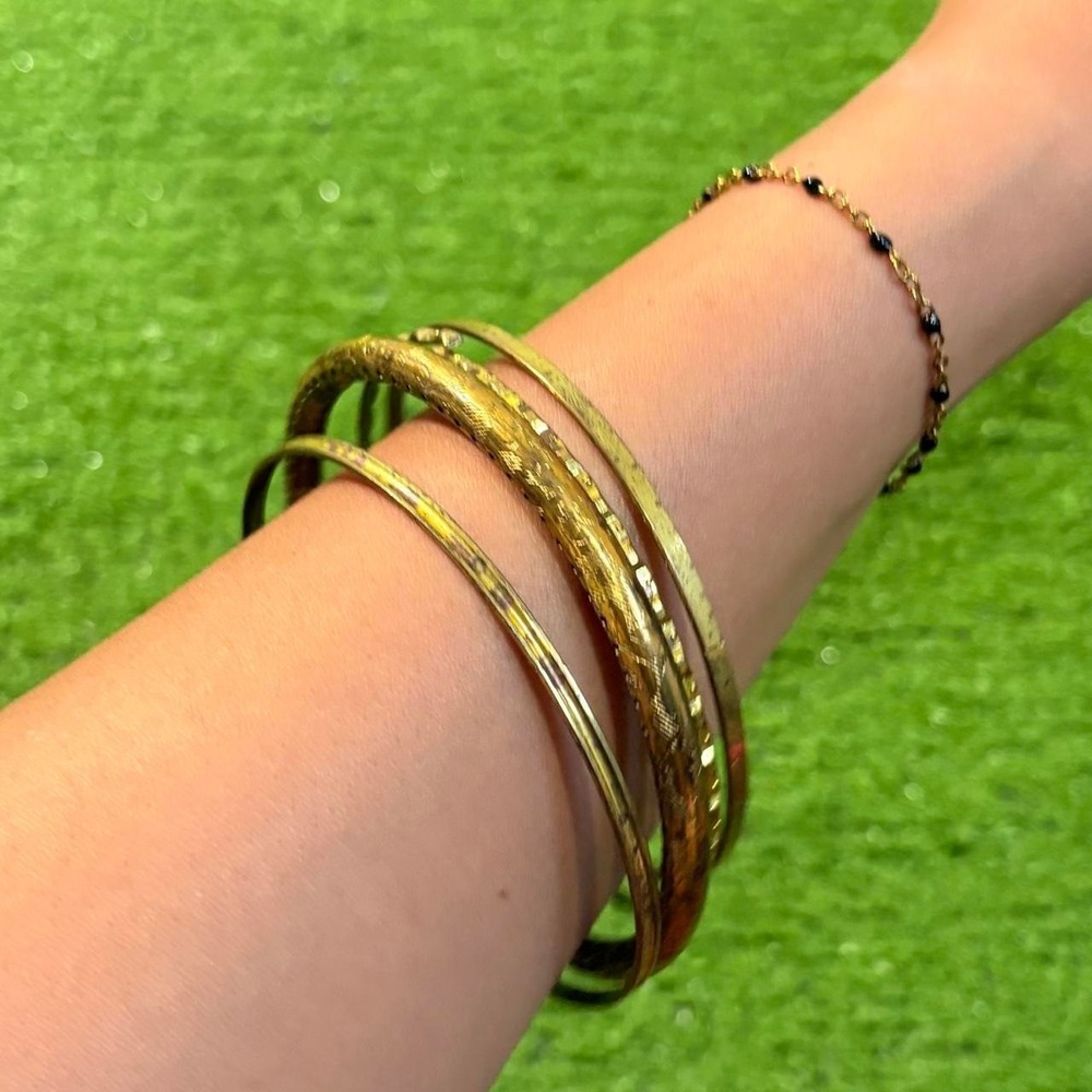 Vintage Brass Bangle Bracelet Set Textured Etched Stacking‎ Gold Tone Slip On